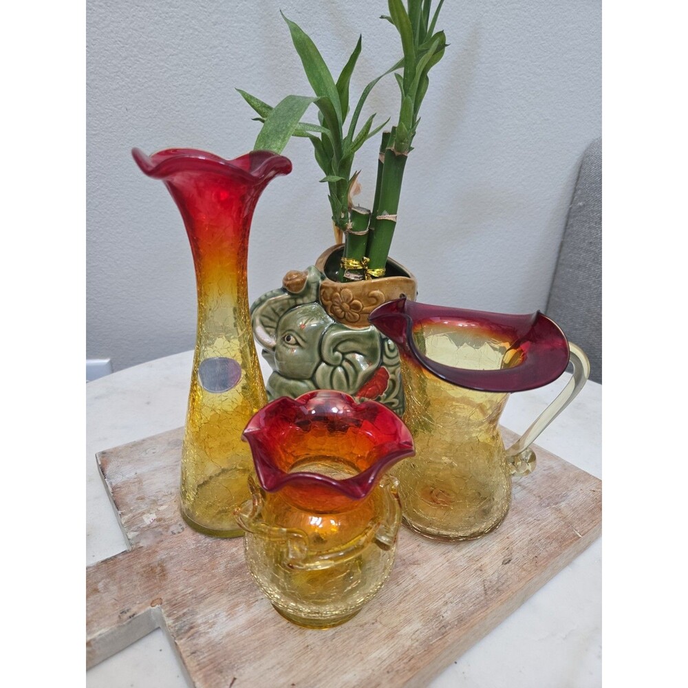 Vintage Kanawha Amberina Crackle Glass 3-Piece Bundle-Mid-Century Modern Art
